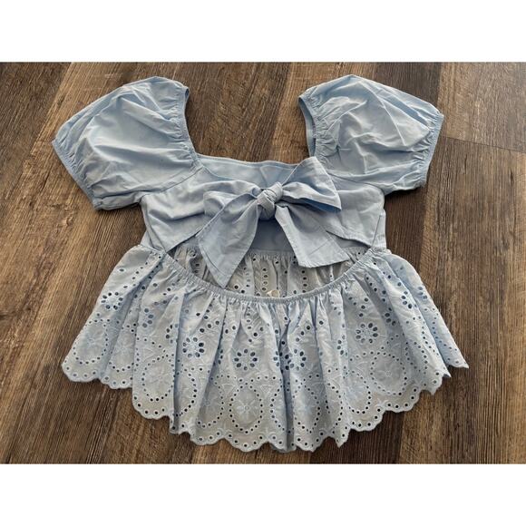 Alter'd State Cowgirl Core Light Blue Eyelet Puff Sleeve Top - Picture 2 of 5